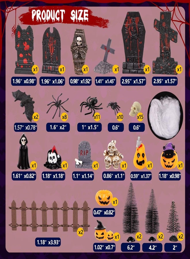 Freesdai 69Pcs Halloween Village Accessories Set Included Skeleton Pumpkin Spider Tree Coffin Skull Tombstone Bat Fence - Miniatures Figurines Decorations for Summerween Hallowmas Party Decor Tabletop - Image 3